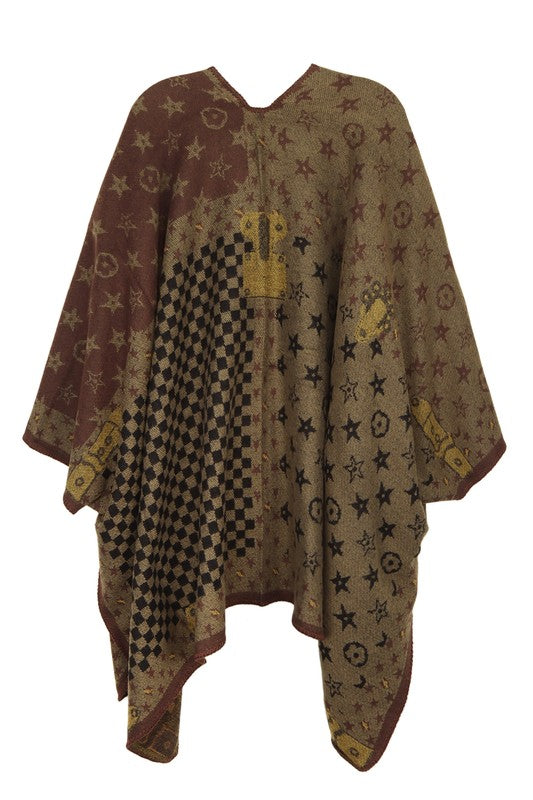 Back view of geometric pattern poncho with star motifs