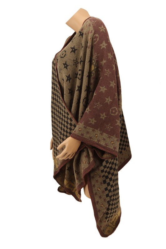 Side view of geometric pattern poncho with stylish design