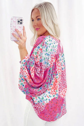 Women print buttoned V neck oversized shirt side view