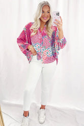 Women print buttoned V neck oversized shirt front view