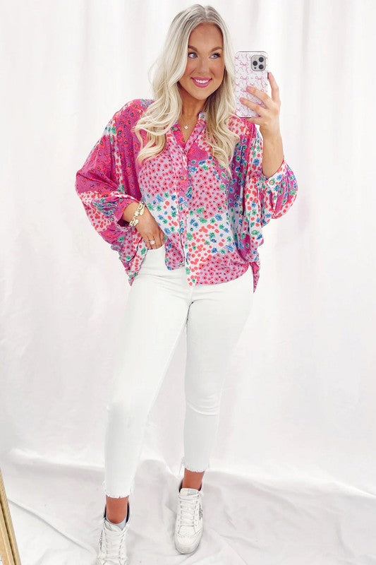 Women print buttoned V neck oversized shirt front view