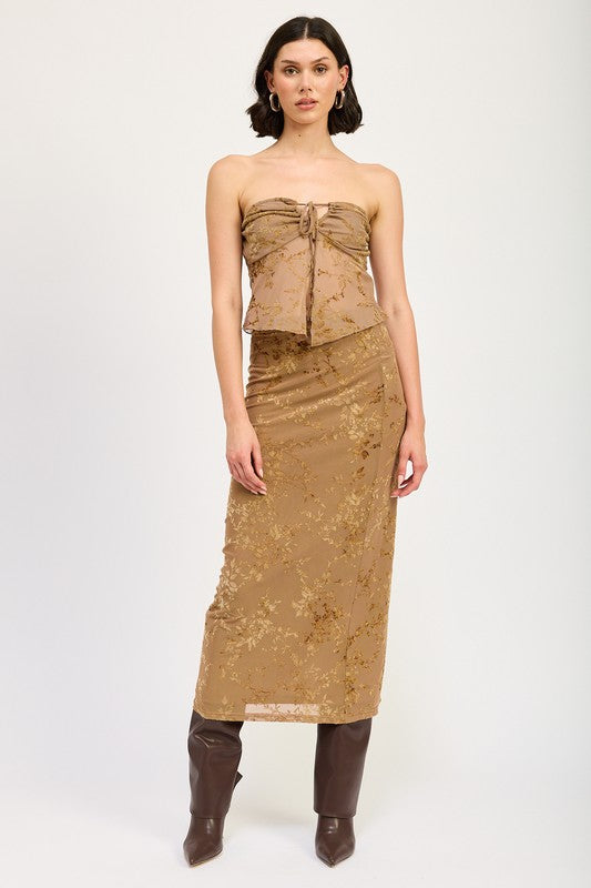 Brown fitted maxi skirt with slit, front view