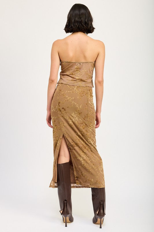 Brown fitted maxi skirt with slit, back view