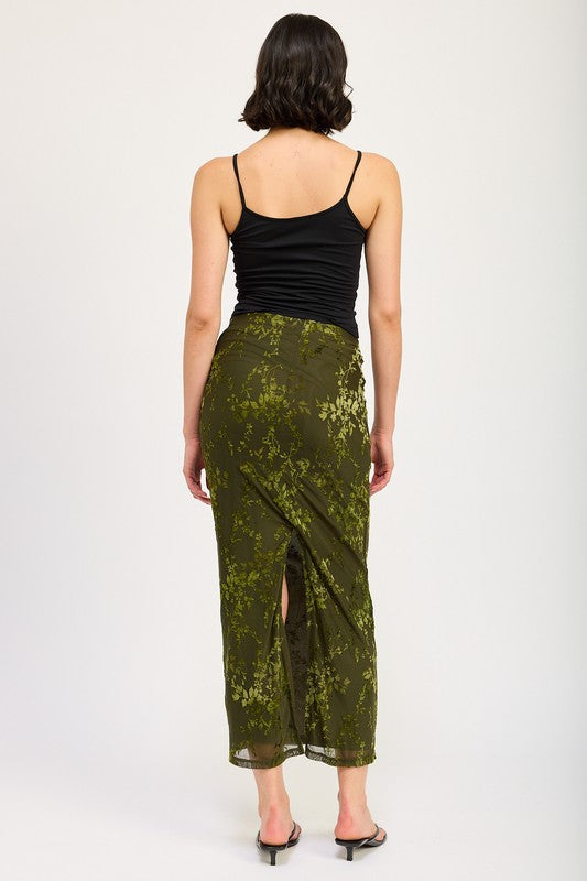 Olive fitted maxi skirt with slit, back view