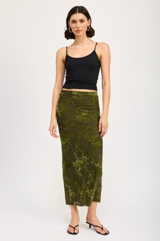 Olive fitted maxi skirt with slit, front view