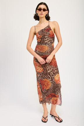 Mesh printed one shoulder maxi dress with floral and animal print