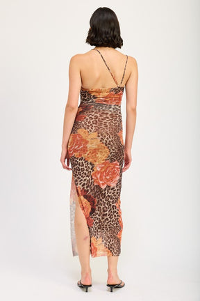 Back view of mesh printed one shoulder maxi dress with floral design