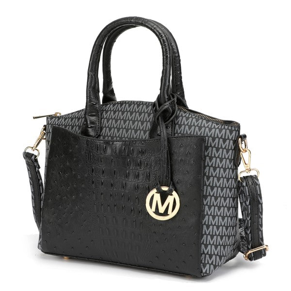 MKF Collins black vegan leather tote bag with logo charm