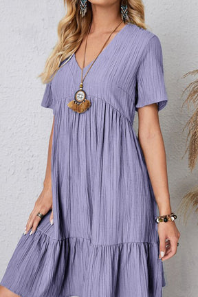 Purple ruched V-neck short sleeve midi dress