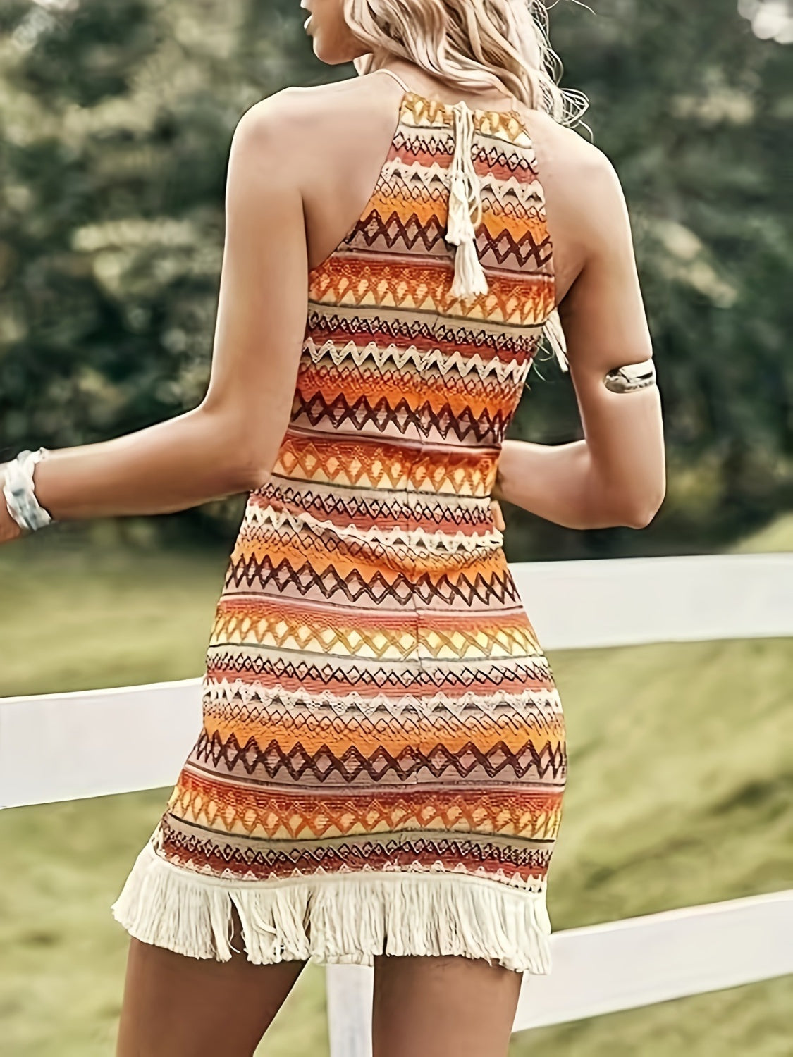 Full Size Fringe Grecian Neck Dress, back view