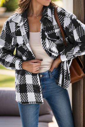 Stylish plaid button-up long sleeve jacket, front view