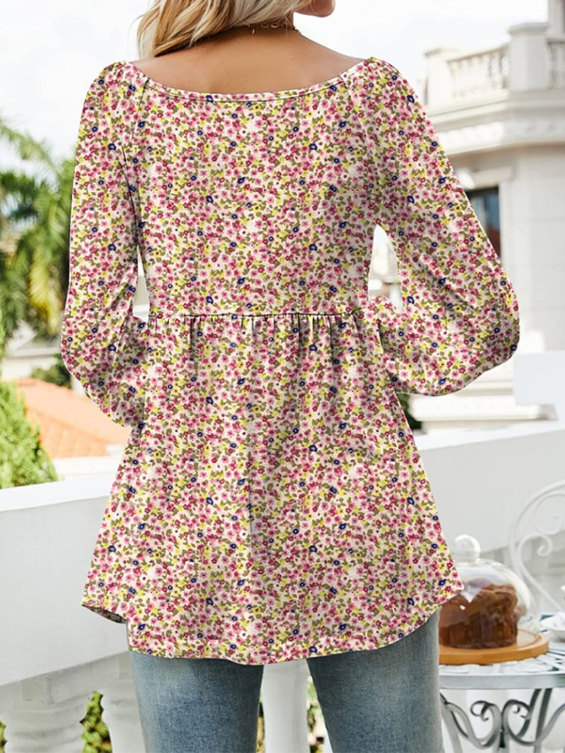 Colorful floral scoop neck long sleeve blouse, back view