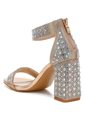 Back view of rose gold rhinestone block sandal