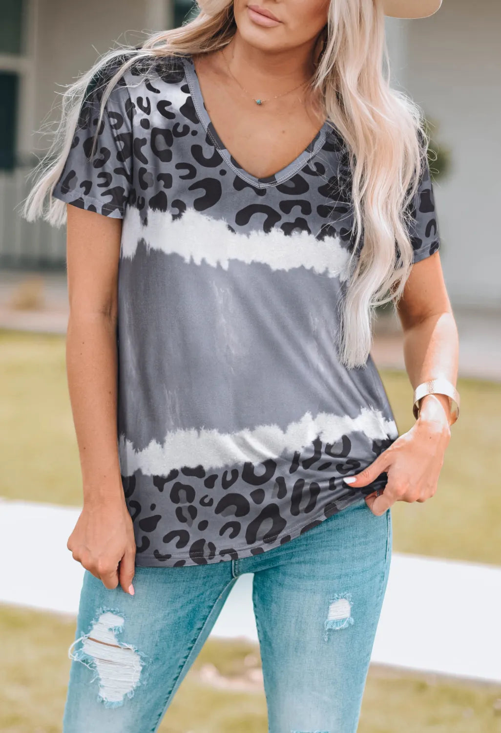 Leopard V-Neck Short Sleeve T-Shirt worn by model