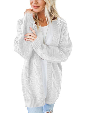 White cable-knit open front cardigan, long sleeves.