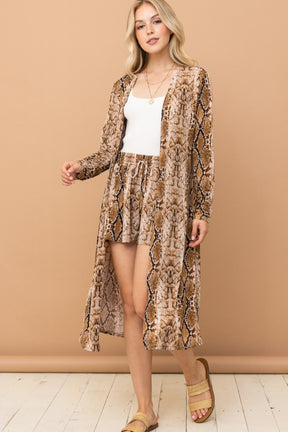 Snake print kimono open front longline cardigan, full outfit.