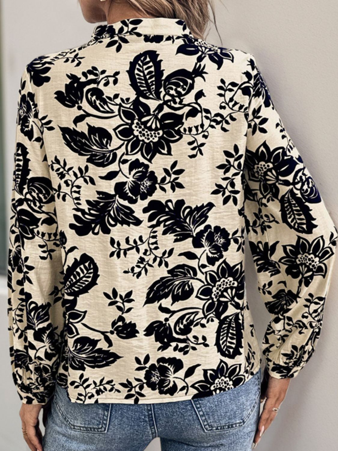 Perfee printed notched long sleeve shirt, back view