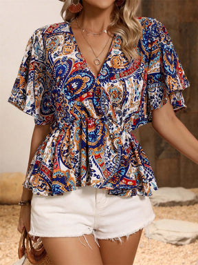 Boho printed surplice half sleeve blouse, front view