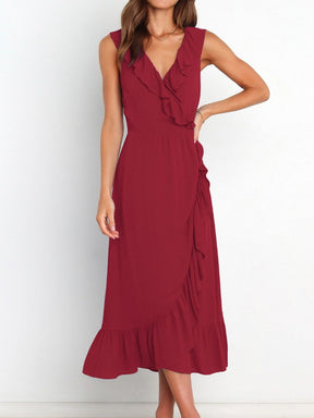 Burgundy ruffled surplice sleeveless midi dress front view