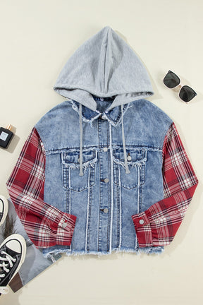 Flat lay of raw hem drawstring plaid denim jacket with hood