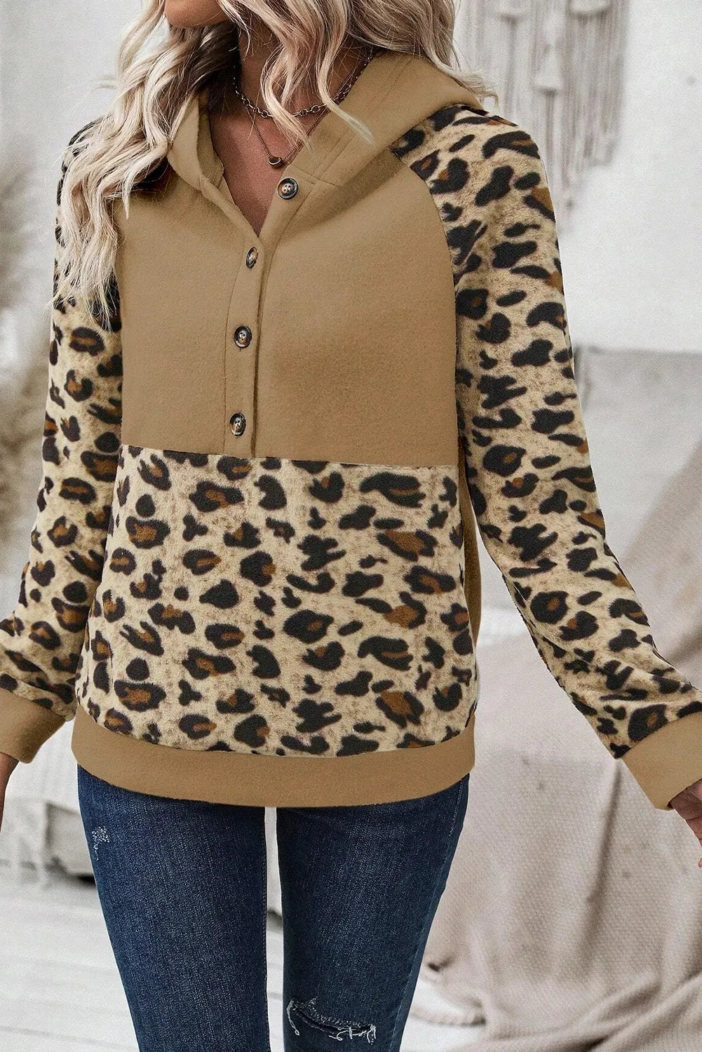 Leopard half button long sleeve hoodie side view