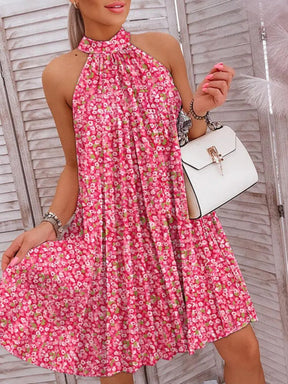 Pink floral sleeveless dress with mock neck design