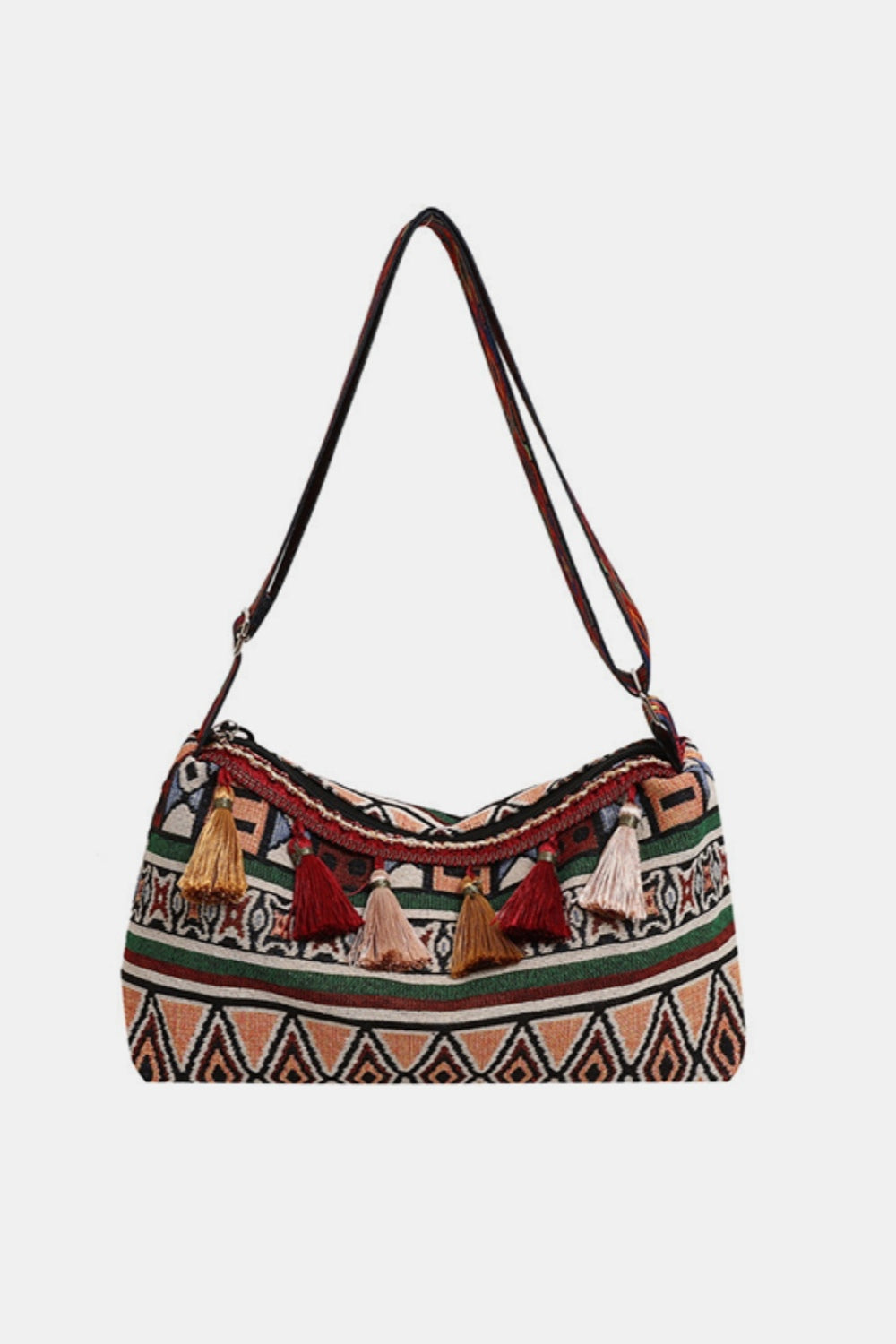 Colorful geometric tassel shoulder bag with adjustable strap