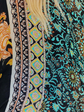 Close-up of black printed fabric design on cover-up