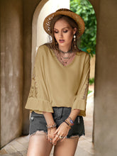 Plus size lace detail V-neck blouse with flounce sleeves, front view