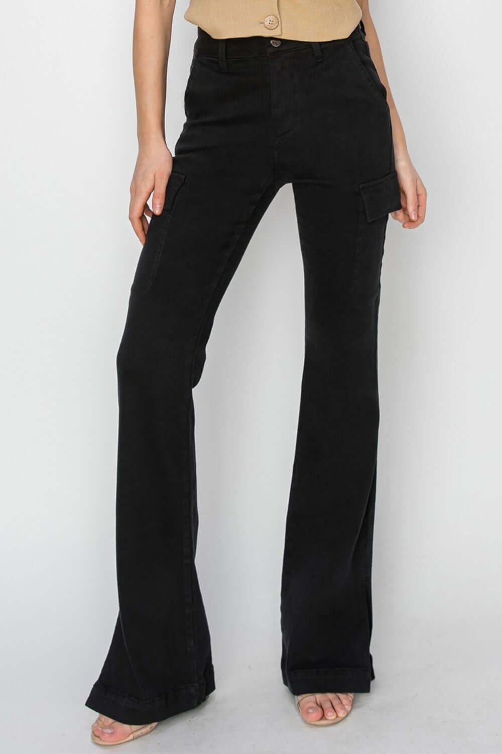 RISEN high-rise black cargo jeans with side slits, front view