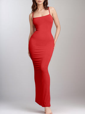 Red sleeveless maxi dress with built-in shapewear