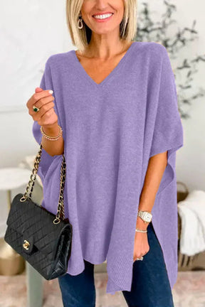 Lavender slit V-neck half sleeve knit top