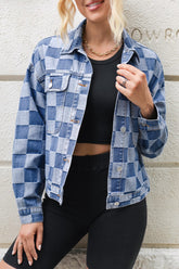 Checkered denim jacket with button-up front and long sleeves.