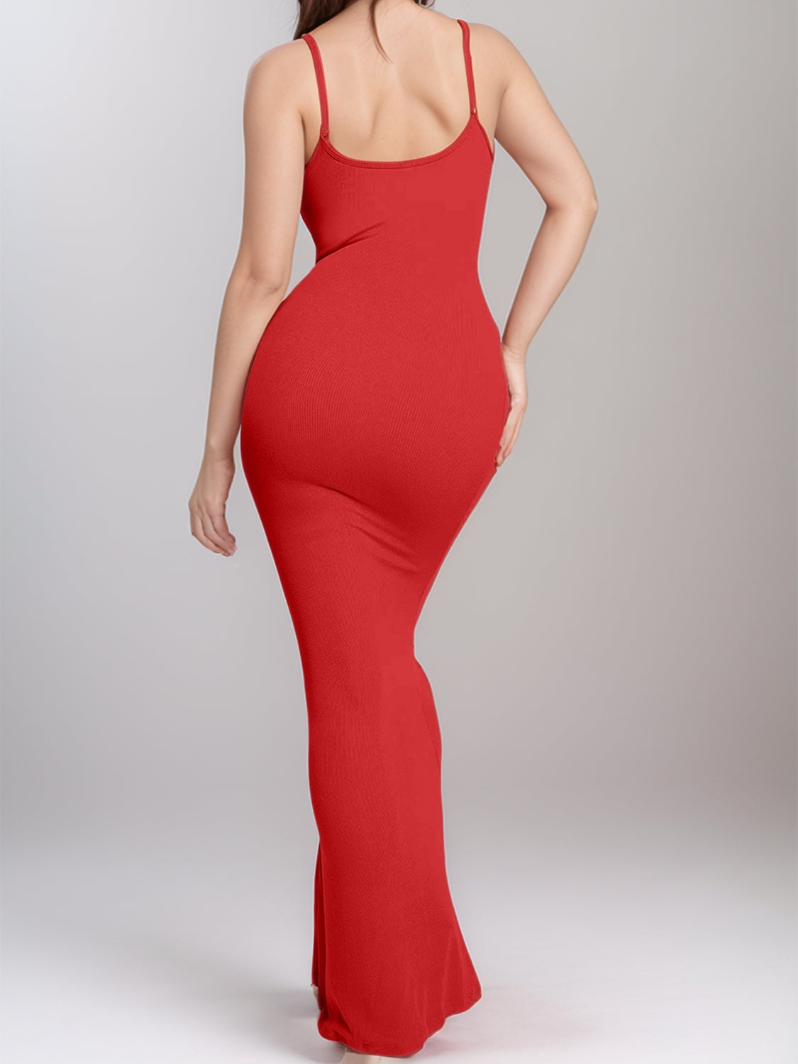 Back view of red shapewear maxi dress