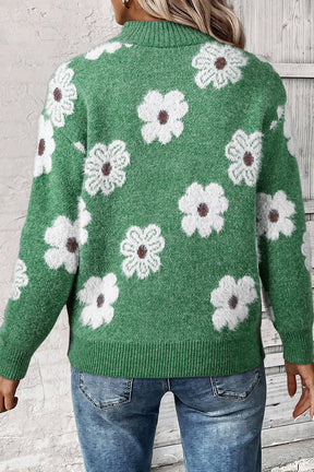 Back view of green flower half zip sweater