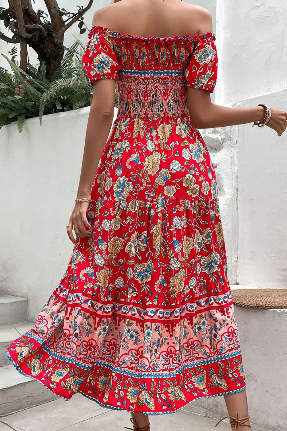 Floral off-shoulder smocked midi dress, back view