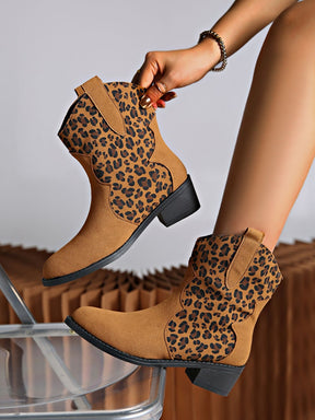 Leopard suede block heel boots with chic design.