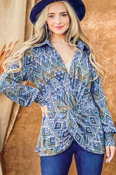 Boho style twist knot long sleeve blouse in blue print.