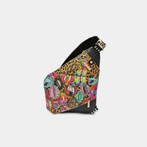 Vegan leather crossbody bag with leopard and lip pattern