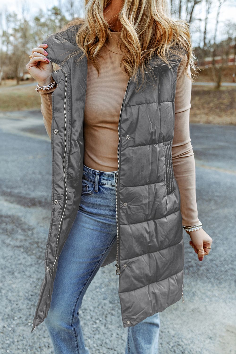 Gray longline hooded sleeveless puffer vest, front view