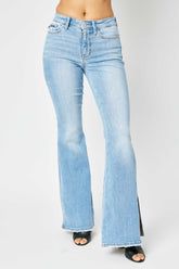 Judy Blue mid rise raw hem slit flare jeans front view