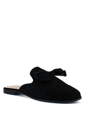 Black DOBOS casual walking bow mules, flat heel design.