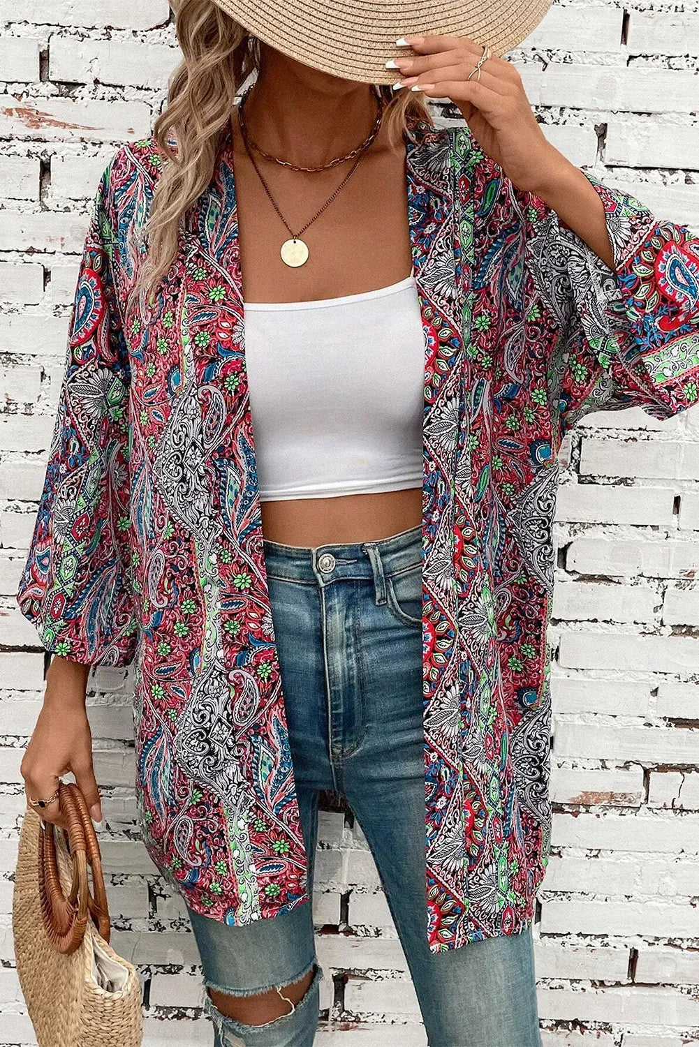 Colorful boho style open front cover up with long sleeves.