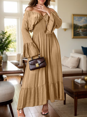 Camel smocked flounce sleeve maxi dress front view