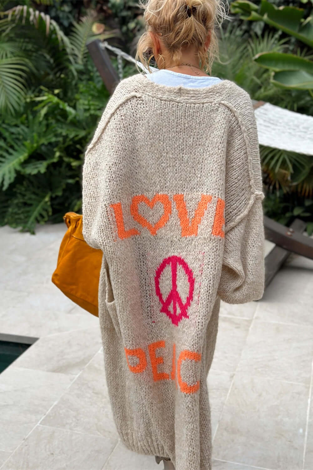 Beige long sleeve cardigan with love and peace design