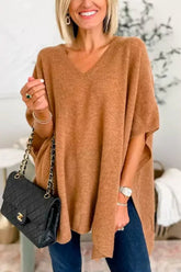 Caramel slit V-neck half sleeve knit top