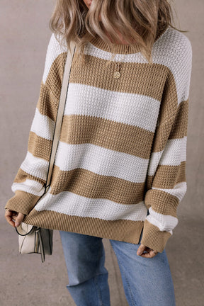 Color block round neck sweater with brown and white stripes, front view.