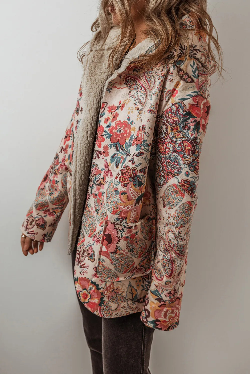 Floral printed long sleeve hooded jacket side view