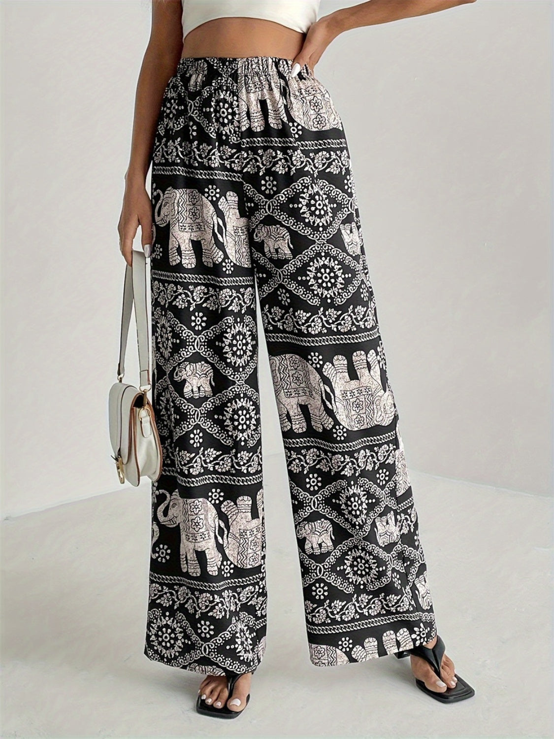 Boho printed wide leg elastic waist pants, front view