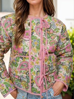 Pastel floral long sleeve jacket with pink trim, front view